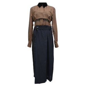 Sacai Long Sleeve Two-Piece Set Accent Midi Dress in Brown and Navy Blue